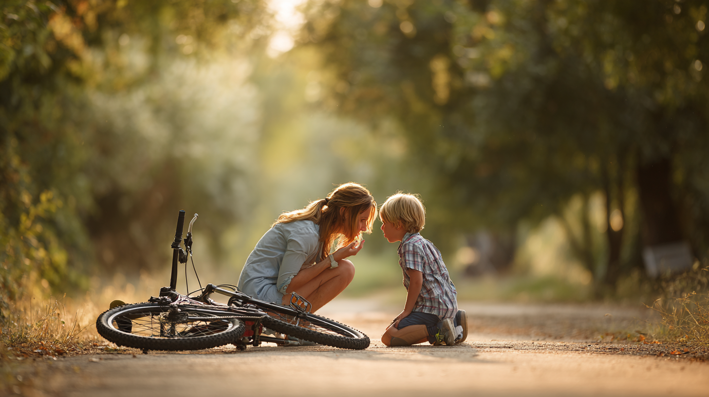 Mutter untersucht den Mund ihres Kindes, das nach einem Fahrradsturz auf dem Waldweg kniet.