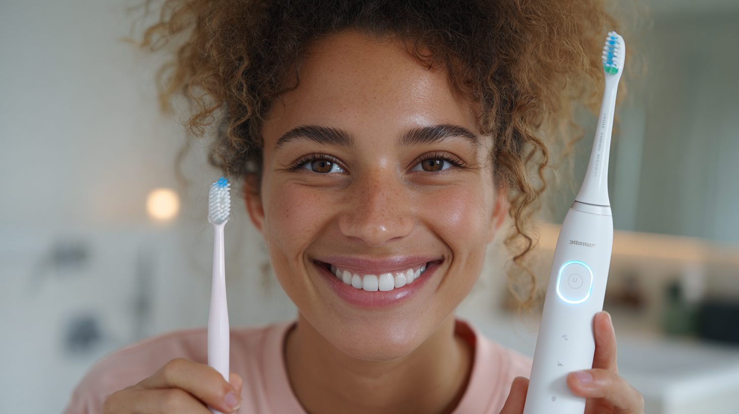 Manuelle Zahnbürste und elektrische Zahnbürste im Vergleich nebeneinander auf weißem Hintergrund, professionelles Dental-Stillleben